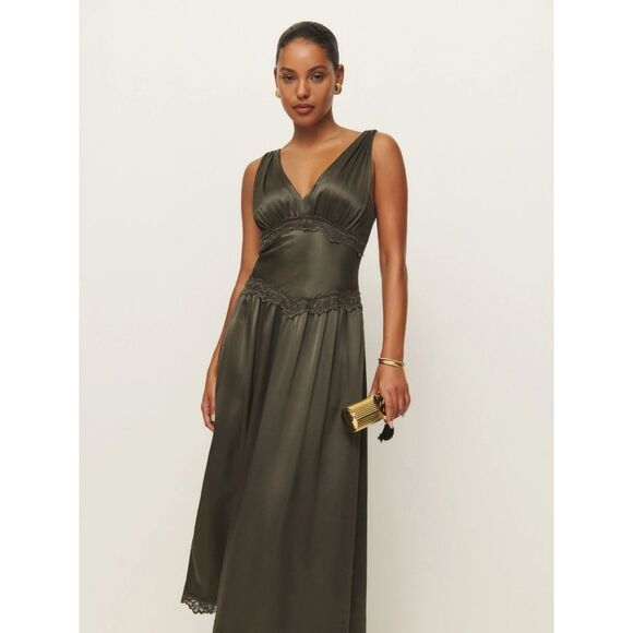 NWT Reformation Stasia Lace Trim Silk Maxi Dress in Pine Tree - Picture 3 of 15